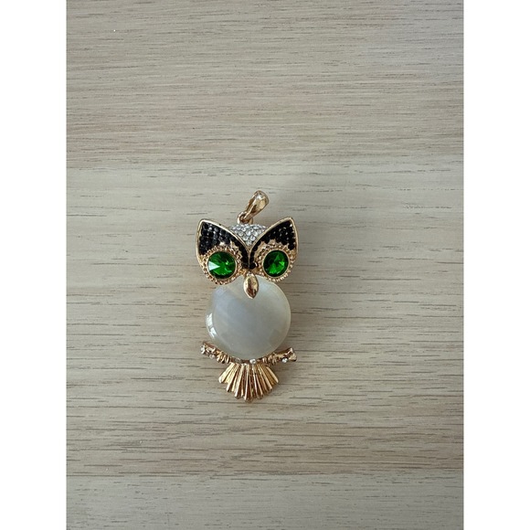 Owl Pendant Necklace Green Gemstone Eyes White Belly Rhinestone 32" - Picture 4 of 6